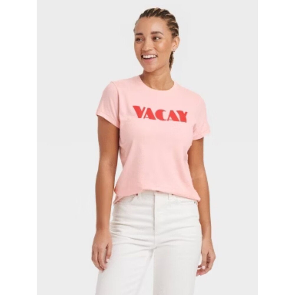 Universal Thread cotton Pink Tee with Red VACAY graphic